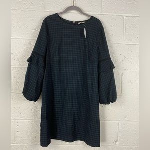 LOFT Blue Green Bell Sleeves Tartan Plaid Shift Dress 14 Academia Holiday
